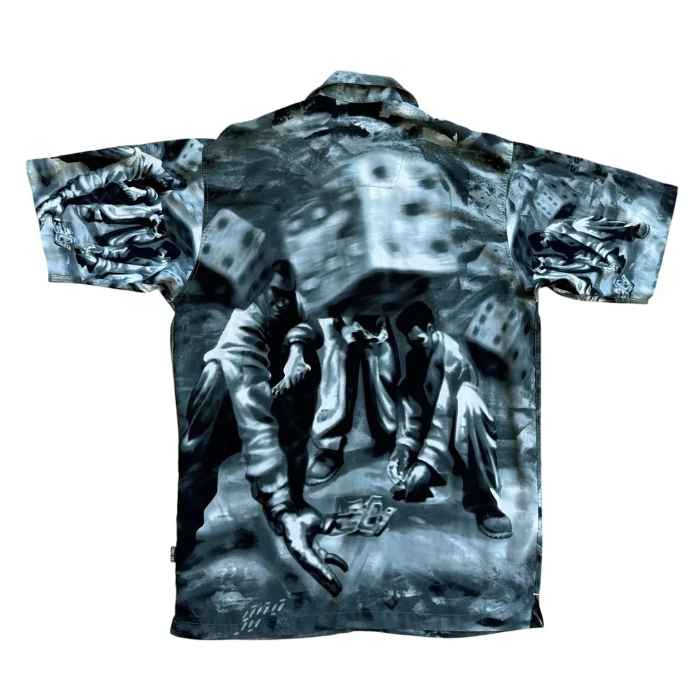 Vintage FUBU Mens Dice Game Graphic Shirt Gray Black Short Sleeve Button Up L‎